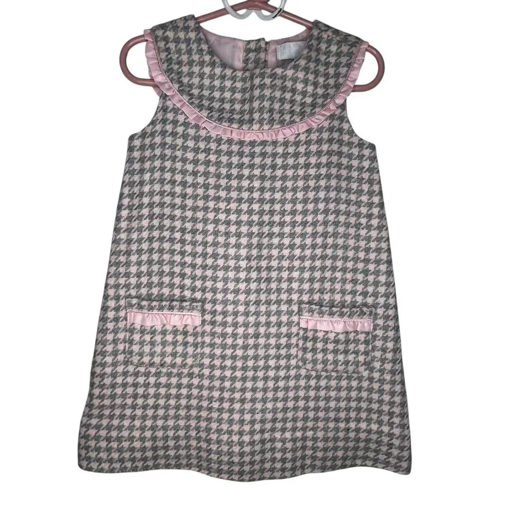 CAMILLA GIRLS BABY PINK GRAY WOOL‎ BLEND HOUNDSTOOTH DRESS AND JACKET SIZE 4T